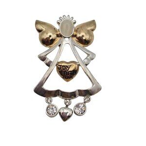 VTG Brooch Silver/Gold Toned Angel Love Faith Joy Dangle Charm Christian Faith